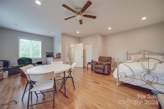 dining space featuring ceiling fan and light hardwood / wood-style floors