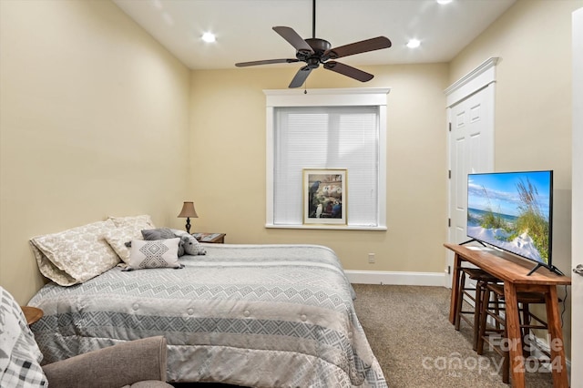 bedroom with carpet floors and ceiling fan