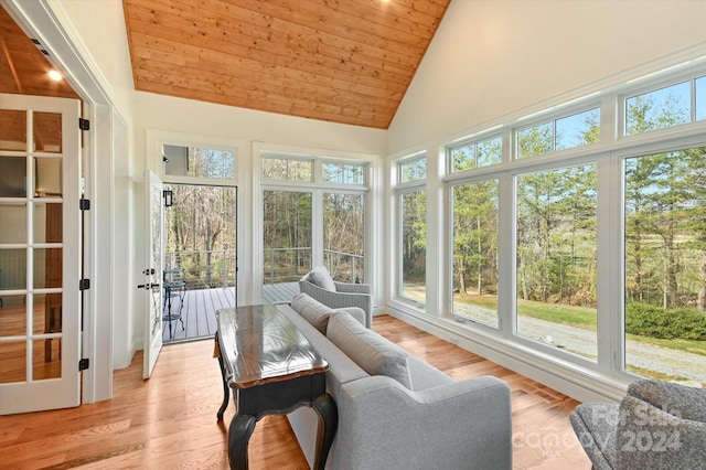 sunroom / solarium featuring lofted ceiling and wood ceiling