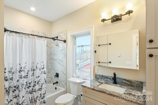 full bathroom with vanity, toilet, and shower / bathtub combination with curtain