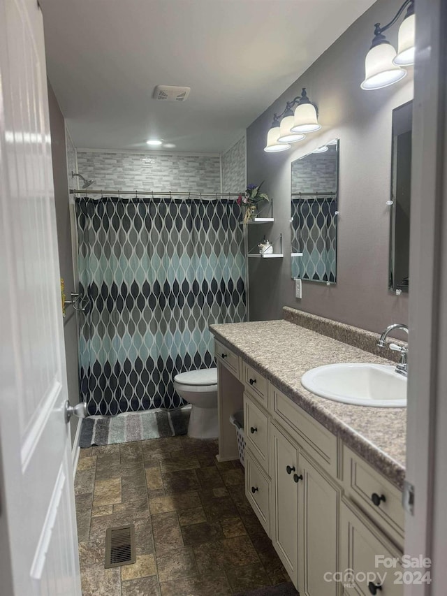 bathroom with toilet, vanity, and walk in shower