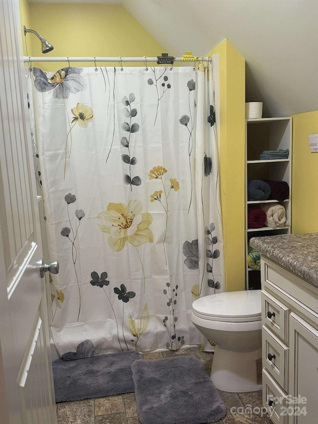 bathroom featuring vanity, toilet, walk in shower, and lofted ceiling