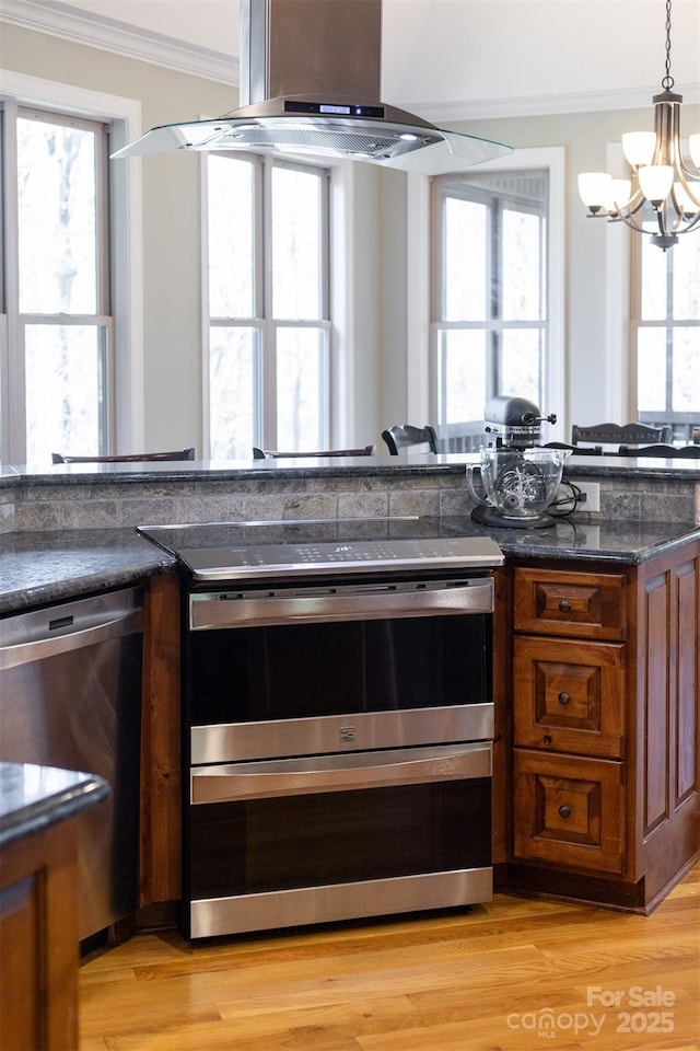 kitchen featuring stainless steel appliances, ornamental molding, island range hood, and light wood-type flooring