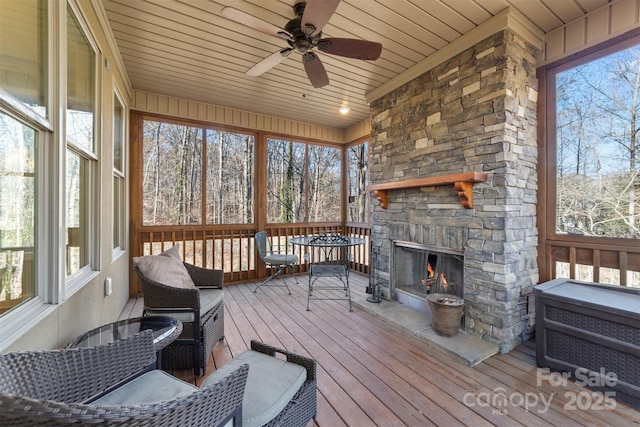 sunroom / solarium featuring wooden ceiling and ceiling fan