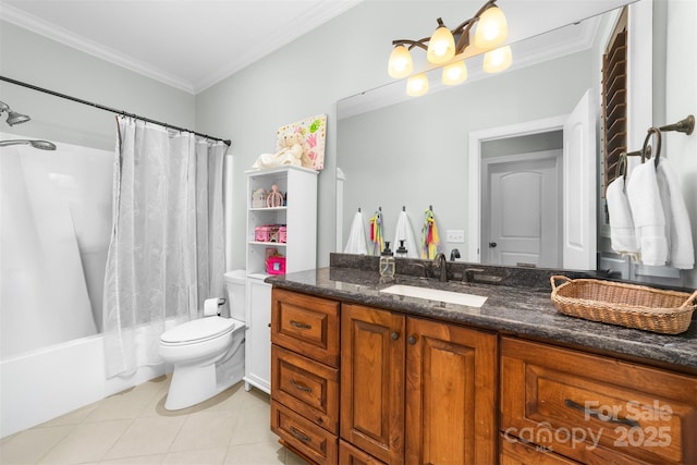 full bathroom with shower / tub combo, tile patterned flooring, vanity, ornamental molding, and toilet