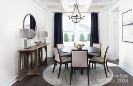 dining space with a chandelier, beam ceiling, wood-type flooring, and coffered ceiling