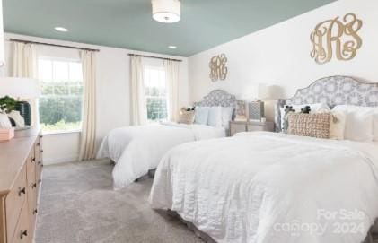 carpeted bedroom featuring multiple windows