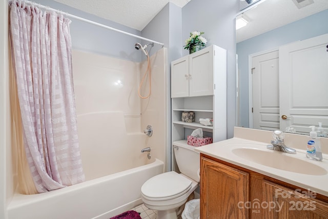 full bathroom with toilet, vanity, a textured ceiling, and shower / bath combination with curtain