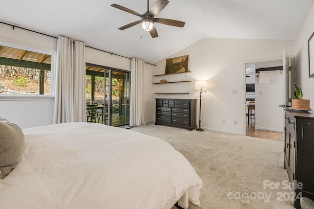 bedroom with access to outside, light colored carpet, ceiling fan, and lofted ceiling