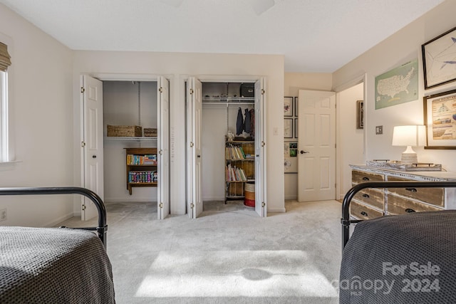 carpeted bedroom with two closets