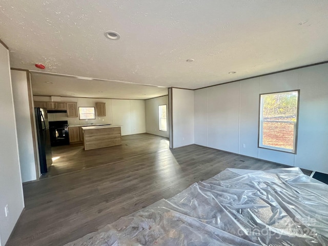 living room with dark hardwood / wood-style flooring and a textured ceiling