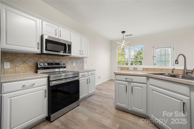 kitchen with stainless steel appliances, sink, white cabinets, tasteful backsplash, and hanging light fixtures