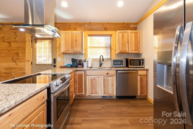 kitchen featuring appliances with stainless steel finishes, island range hood, wooden walls, and sink