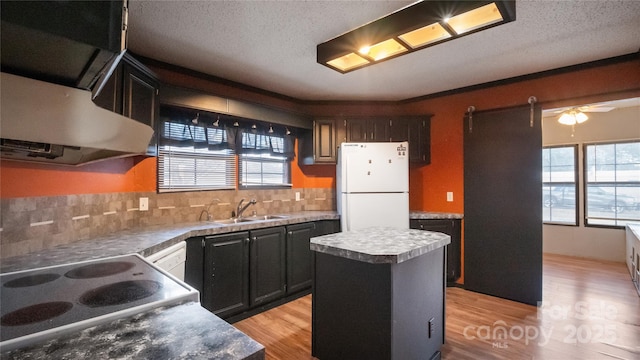 kitchen featuring tasteful backsplash, sink, white refrigerator, light hardwood / wood-style floors, and a kitchen island