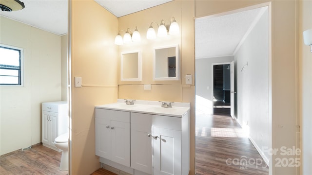 bathroom featuring vanity, wood-type flooring, a textured ceiling, and toilet