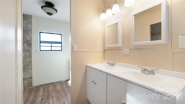 bathroom featuring wood-type flooring, vanity, and toilet