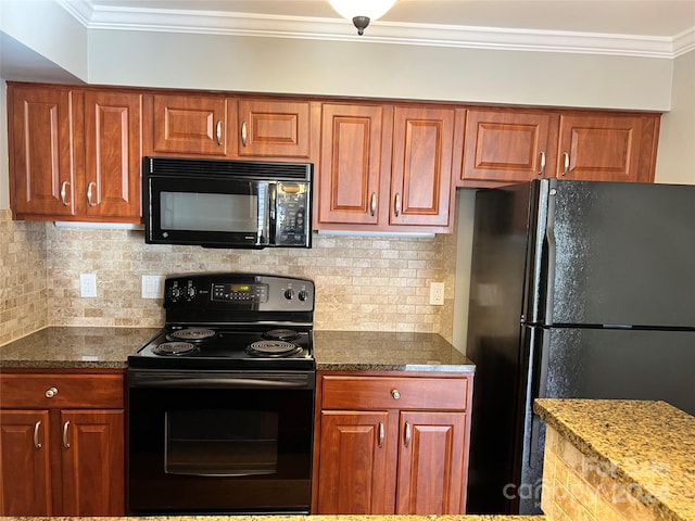 kitchen featuring stone counters, backsplash, ornamental molding, and black appliances