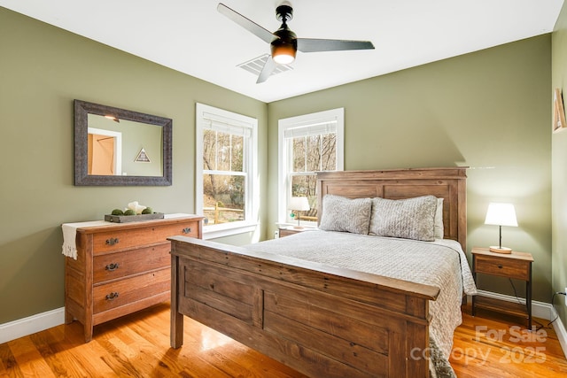 bedroom with ceiling fan and light wood-type flooring