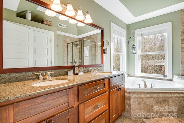 bathroom with vanity and independent shower and bath