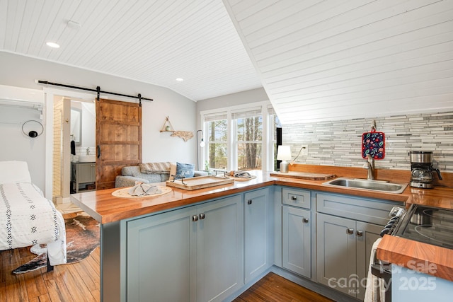 kitchen featuring dark wood-type flooring, wood counters, a barn door, and sink