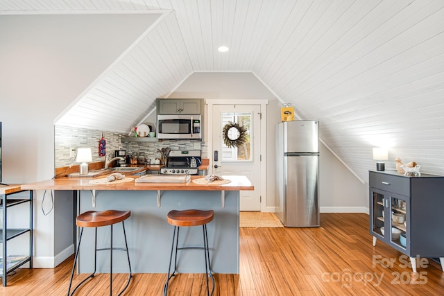 kitchen featuring light wood-type flooring, a kitchen breakfast bar, kitchen peninsula, stainless steel appliances, and backsplash