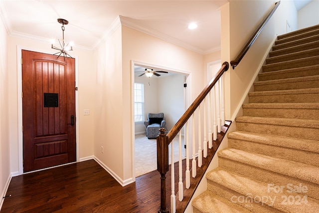 entryway featuring ceiling fan with notable chandelier, dark hardwood / wood-style flooring, and ornamental molding