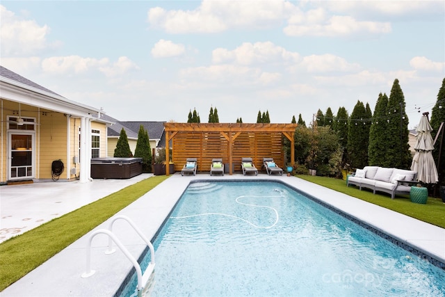 view of swimming pool with a pergola, a hot tub, and a patio area