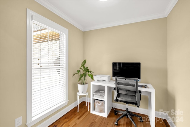 office area featuring crown molding and wood-type flooring