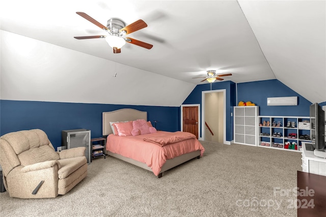 carpeted bedroom with ceiling fan and vaulted ceiling