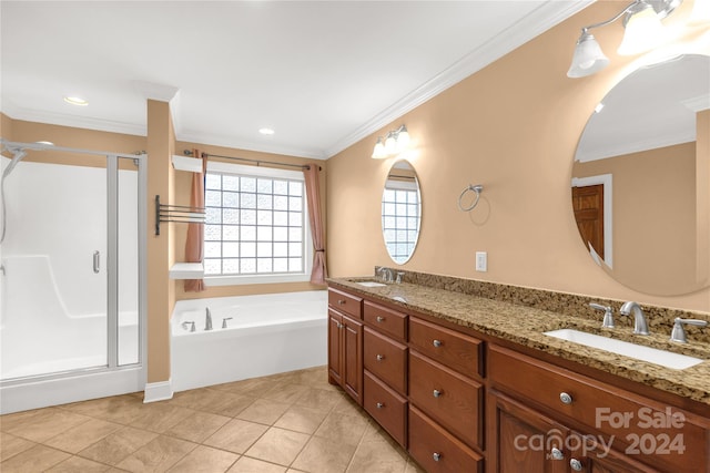 bathroom featuring vanity, crown molding, and plus walk in shower