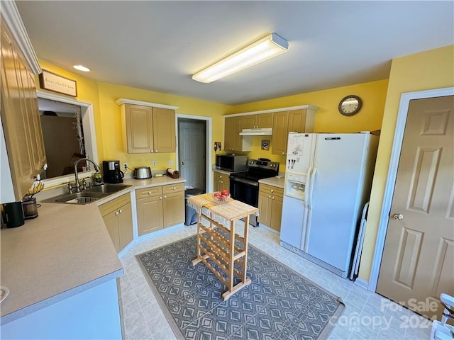 kitchen with light brown cabinetry, sink, white refrigerator with ice dispenser, and black range with electric cooktop