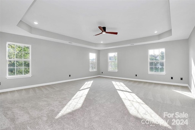 spare room with light colored carpet, a raised ceiling, and ceiling fan