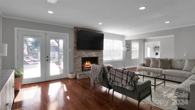 living room with wood-type flooring, french doors, a stone fireplace, and plenty of natural light