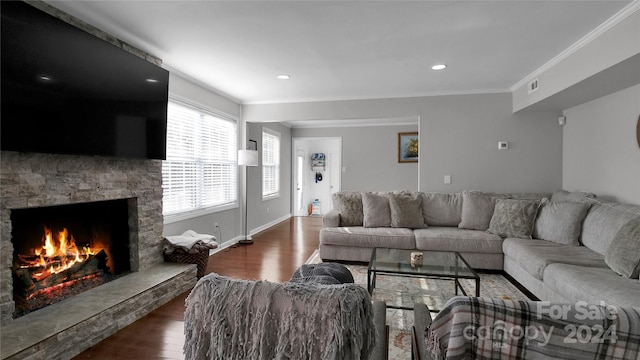 living room with dark hardwood / wood-style flooring, a stone fireplace, and ornamental molding