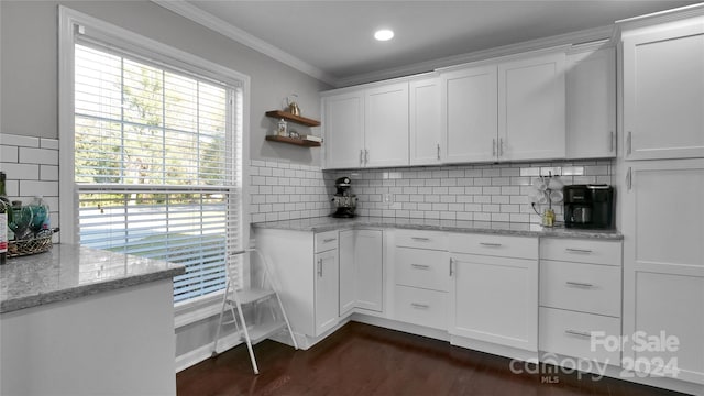 kitchen featuring crown molding, white cabinets, and a healthy amount of sunlight