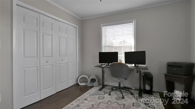 office space with dark hardwood / wood-style flooring and crown molding