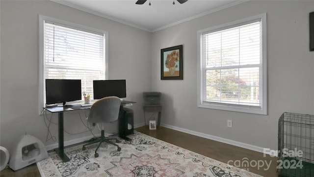 office area with ceiling fan and crown molding