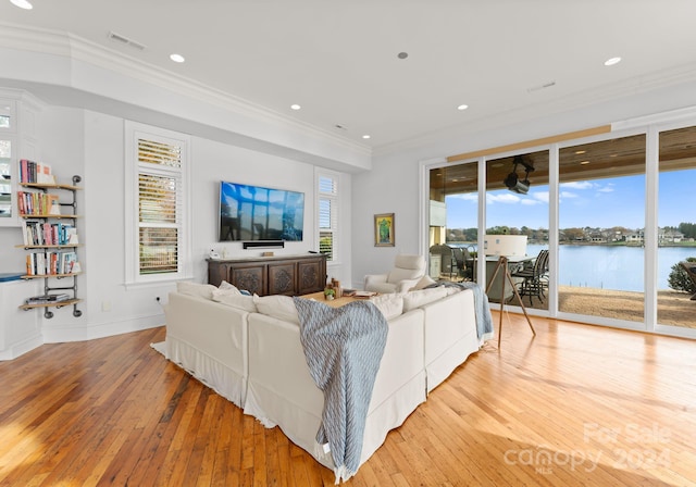 living room featuring light hardwood / wood-style floors, a wealth of natural light, and crown molding