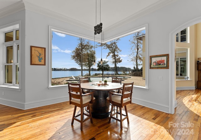 dining room with a healthy amount of sunlight, a water view, light wood-type flooring, and crown molding