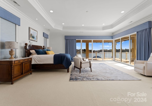 carpeted bedroom featuring access to exterior, ornamental molding, multiple windows, and a tray ceiling