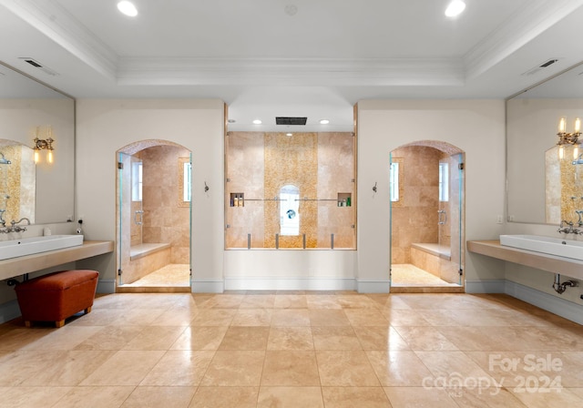 bathroom featuring tile patterned flooring, a raised ceiling, a shower with door, and crown molding