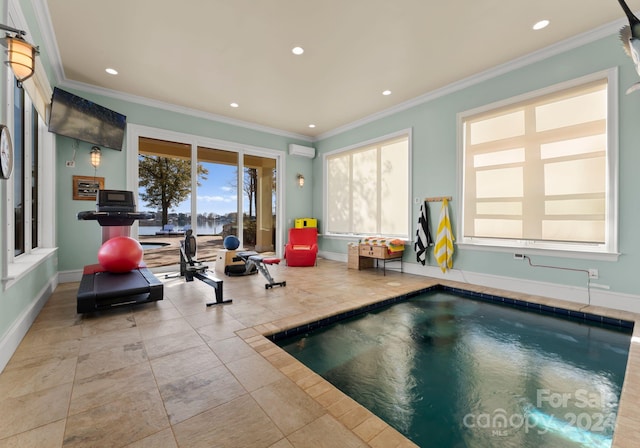 workout room featuring a pool with hot tub, ornamental molding, and an AC wall unit