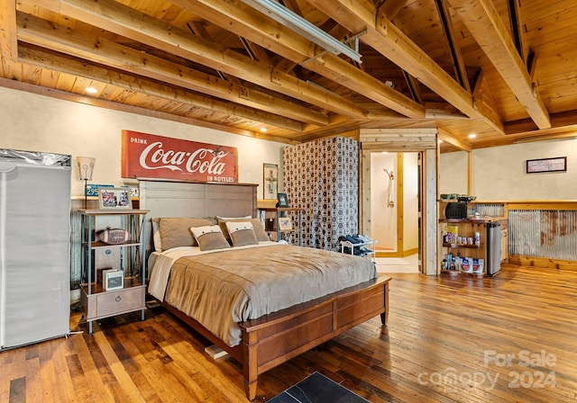 bedroom with beamed ceiling, wood-type flooring, and wood ceiling