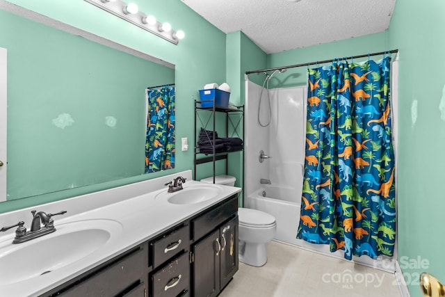 full bathroom featuring vanity, toilet, a textured ceiling, and shower / bath combo with shower curtain