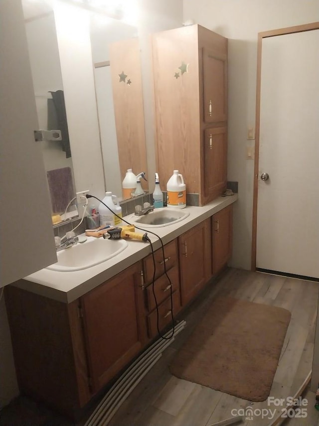 bathroom with vanity and hardwood / wood-style floors