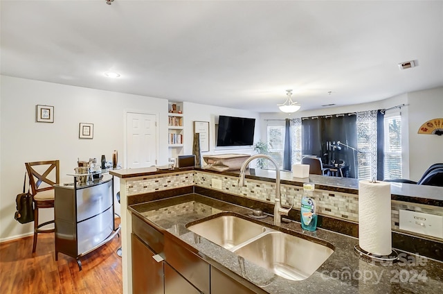 kitchen featuring tasteful backsplash, stainless steel dishwasher, sink, hardwood / wood-style flooring, and dark stone countertops