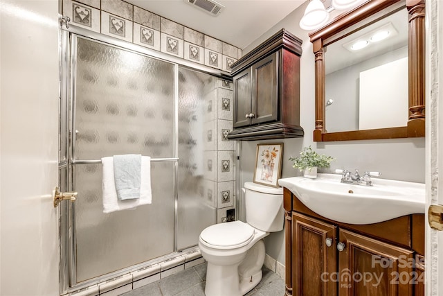 bathroom with walk in shower, vanity, baseboard heating, tile patterned flooring, and toilet