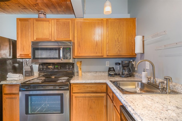 kitchen featuring sink, light stone countertops, beamed ceiling, wood ceiling, and stainless steel appliances