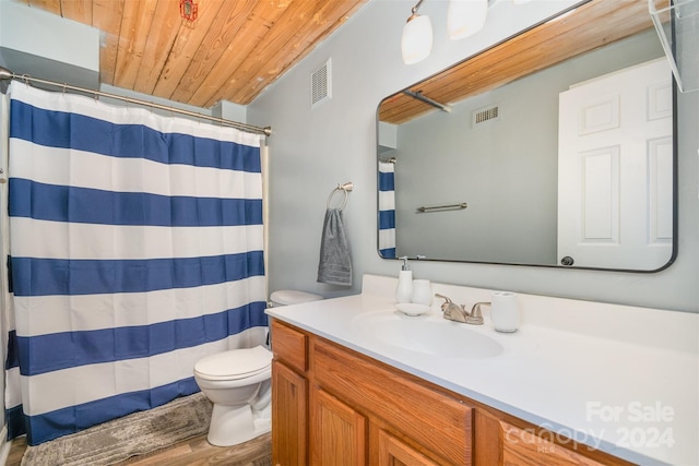 bathroom with wood-type flooring, vanity, toilet, and wood ceiling