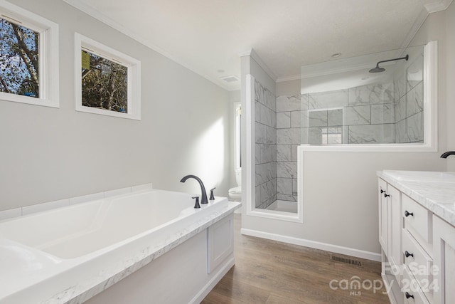 full bathroom with vanity, hardwood / wood-style flooring, toilet, and crown molding